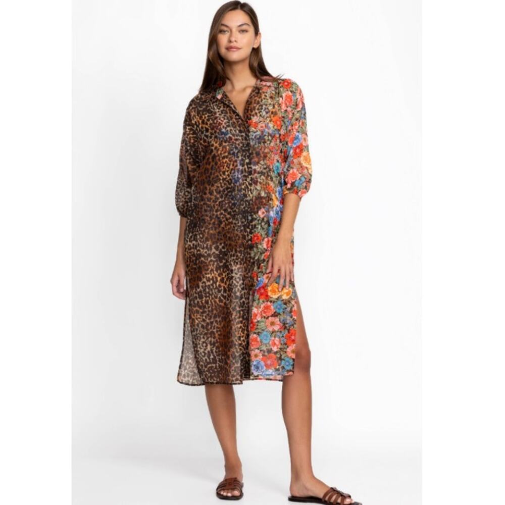 NEW JOHNNY WAS Cheetah Long Shirt Dress Size L Boho Chic